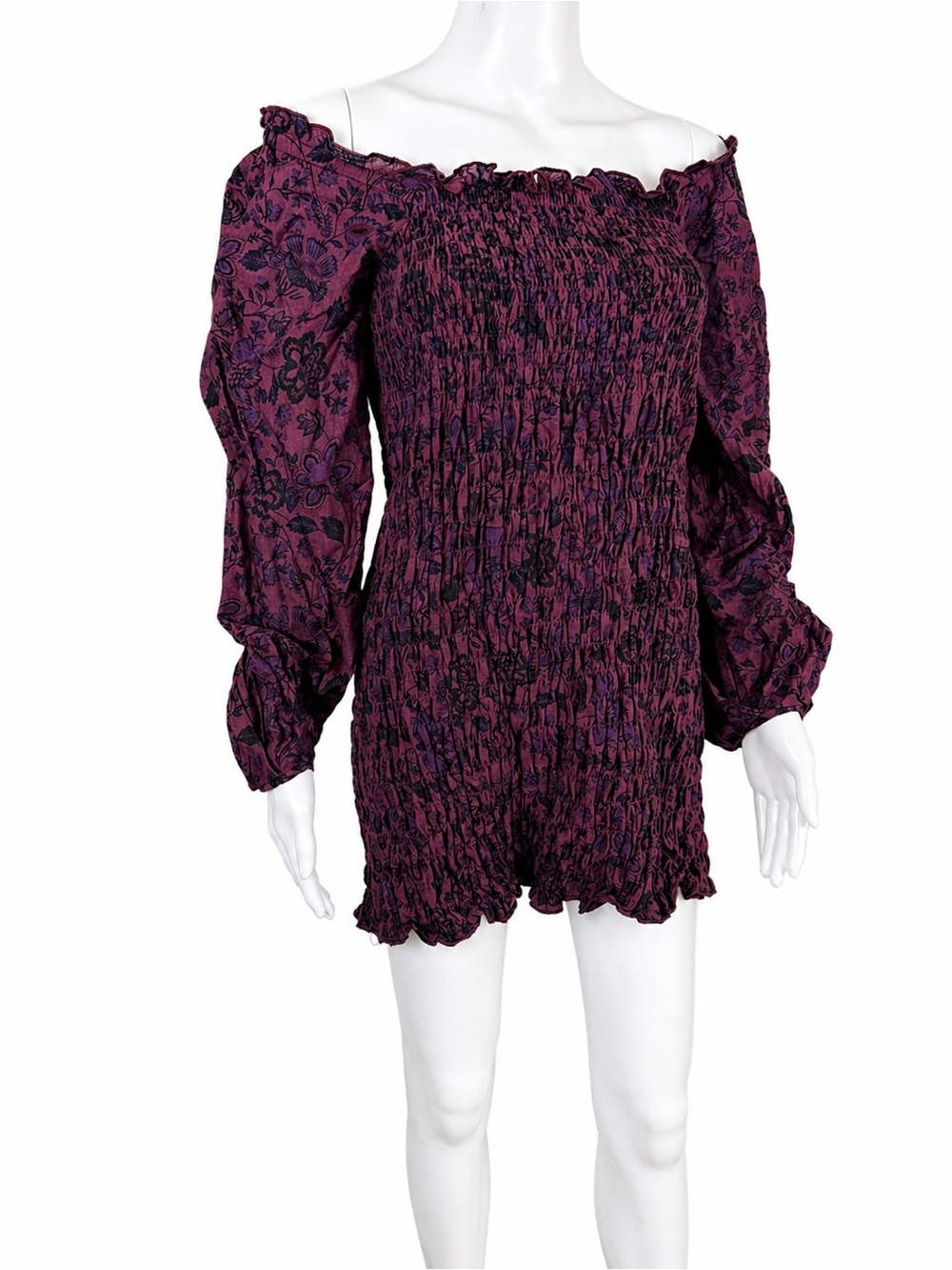 Free People Smocked Mini Dress Boho Floral Puff Sleeve Off Shoulder Size M